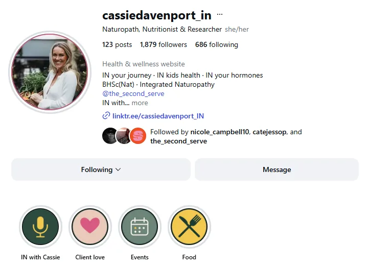 Cassie's Instagram profile after the refresh, with the new handle, IN branding and highlight covers