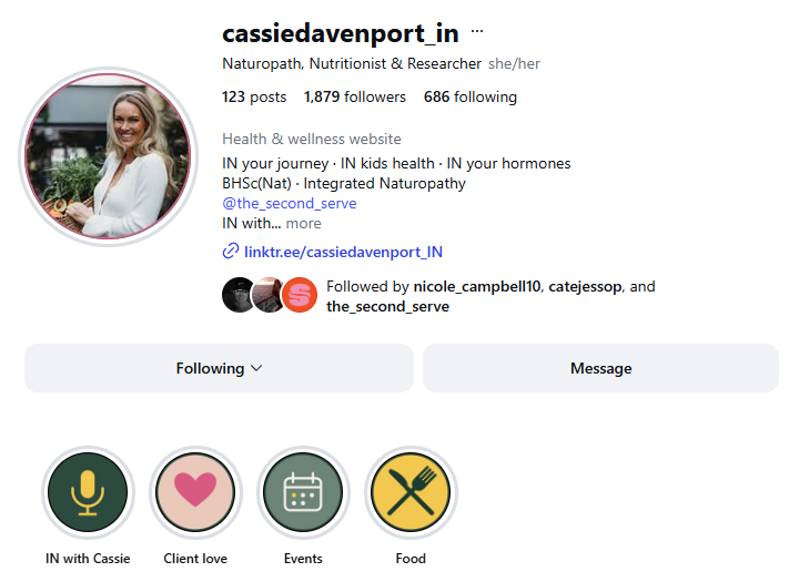 Cassie's Instagram profile after the refresh — new handle, IN branding and branded highlight covers
