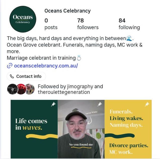 The Oceans Celebrancy Instagram profile with the pinned three-panel introduction