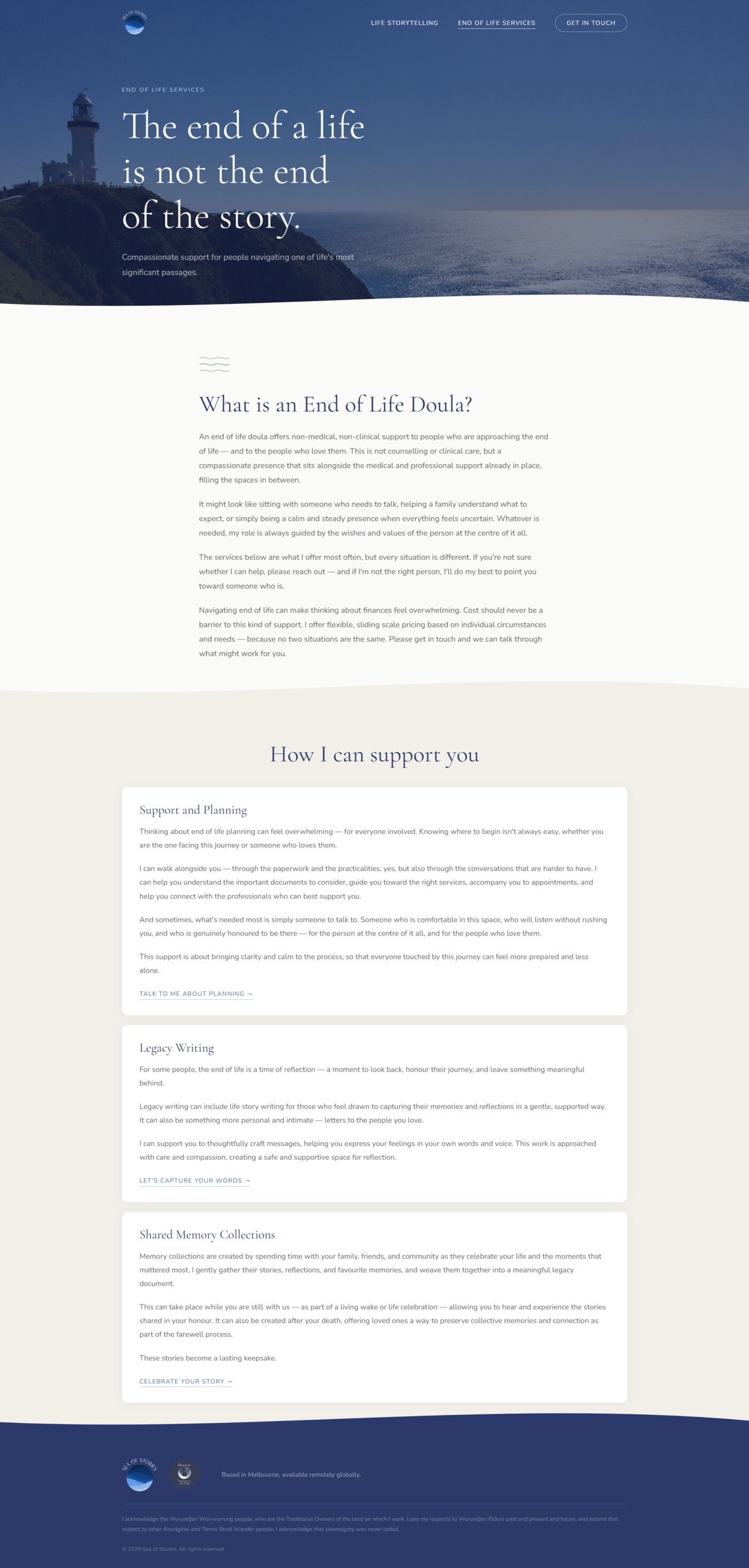 Sea of Stories end-of-life support page, quiet, warm and dignified.