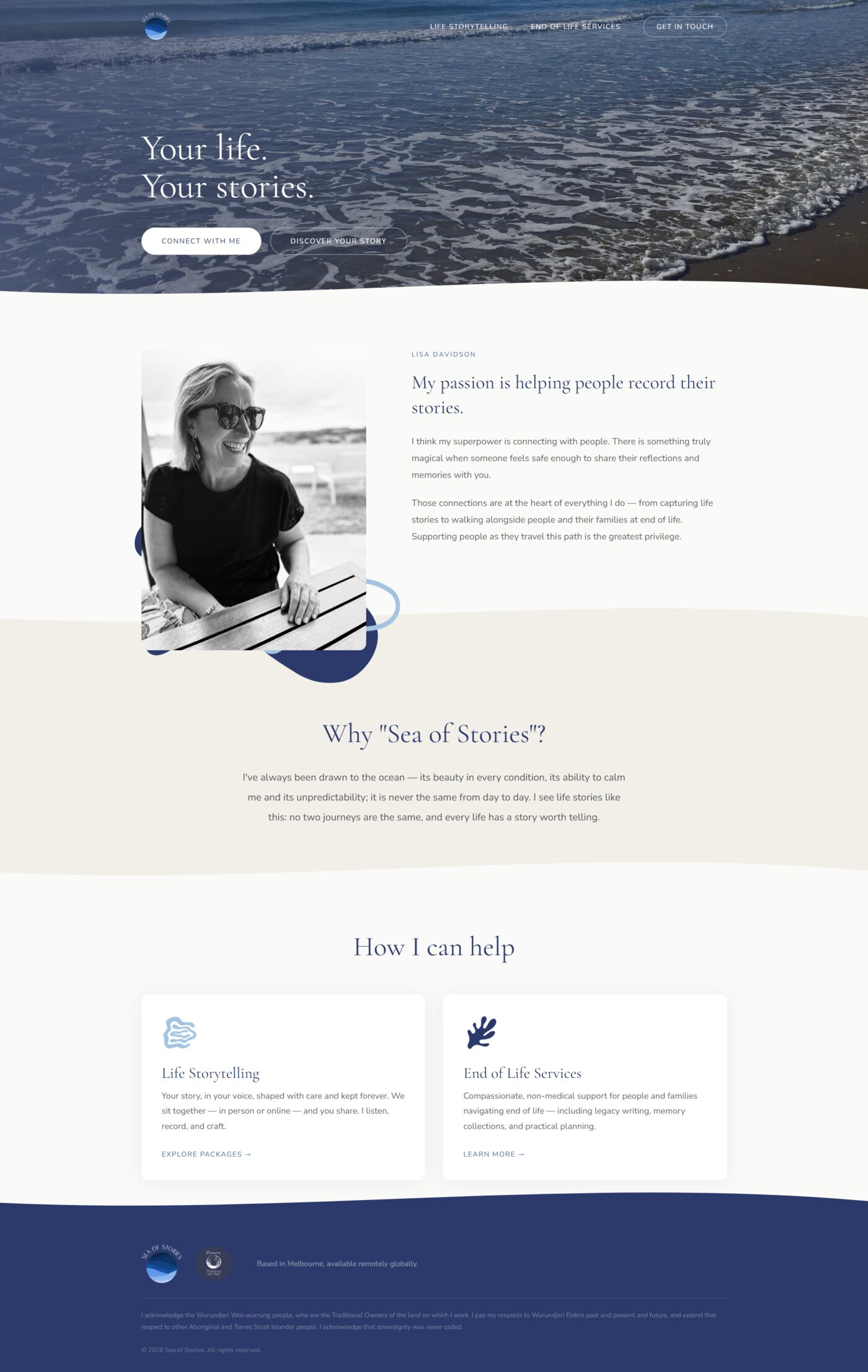 Sea of Stories homepage, ocean-grounded palette with warm welcome copy.