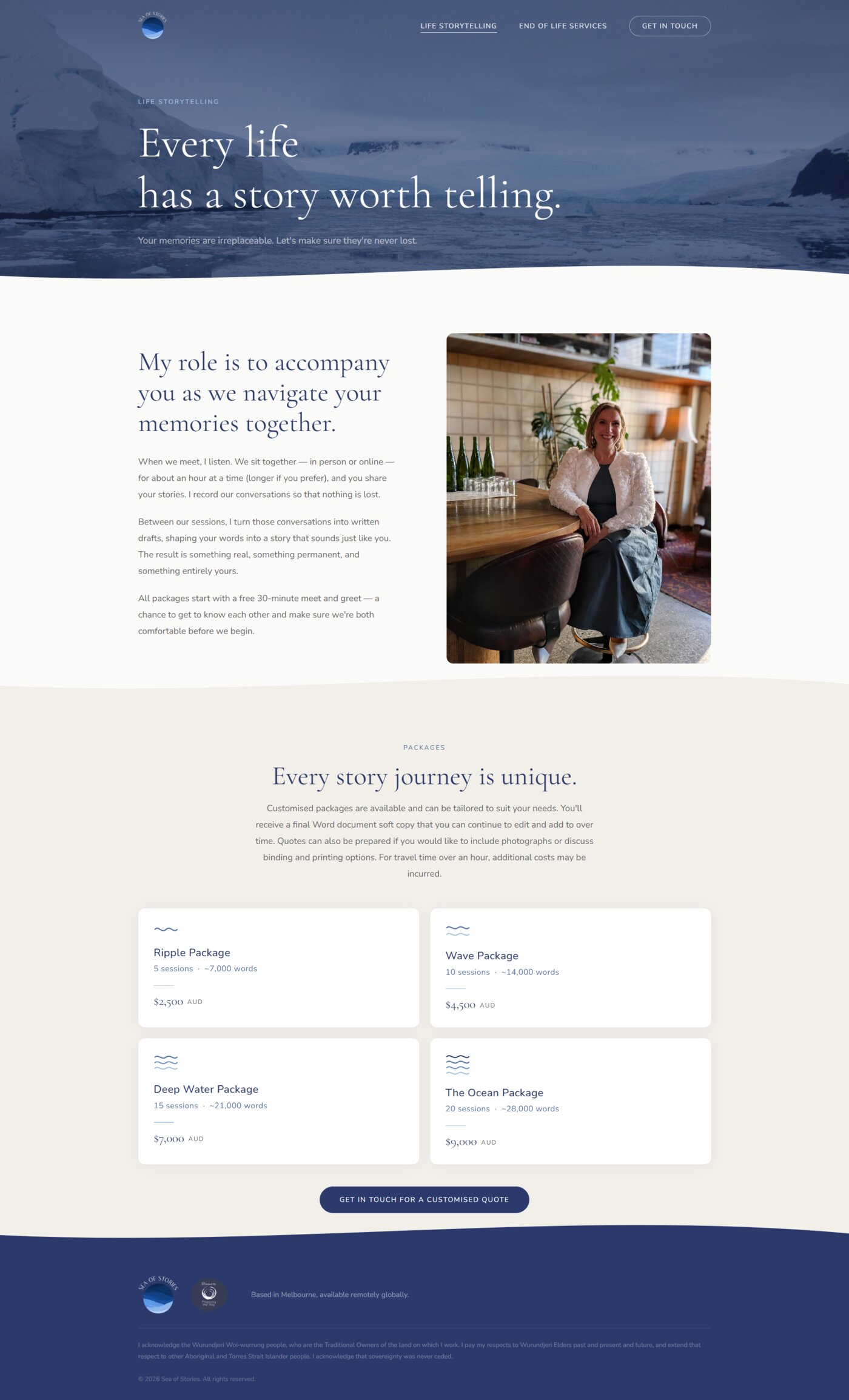 Sea of Stories life storytelling service page.