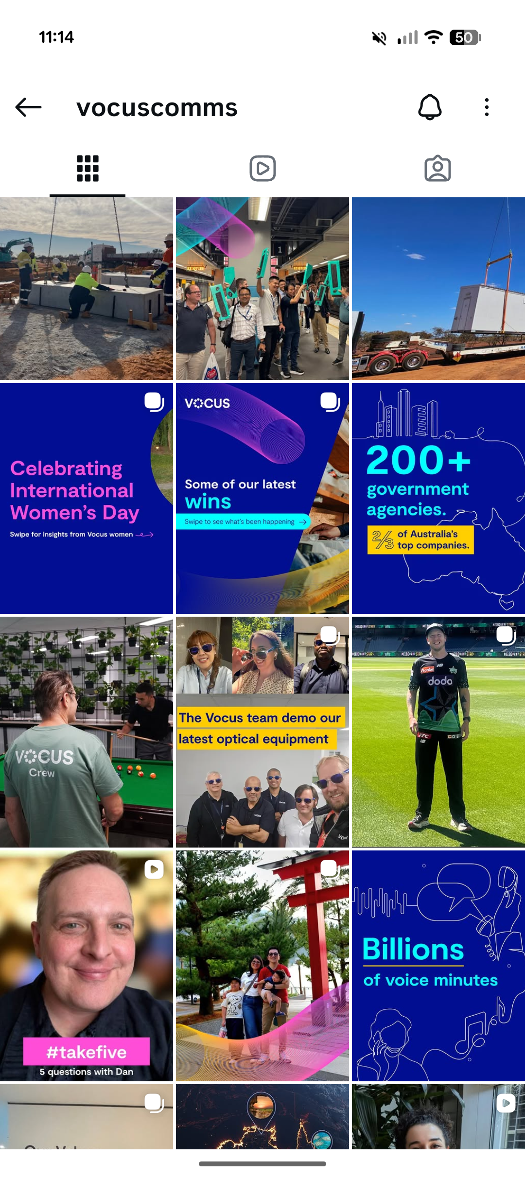 Vocus Instagram grid feed after the refresh — coordinated colour palette and clear EVP storytelling.