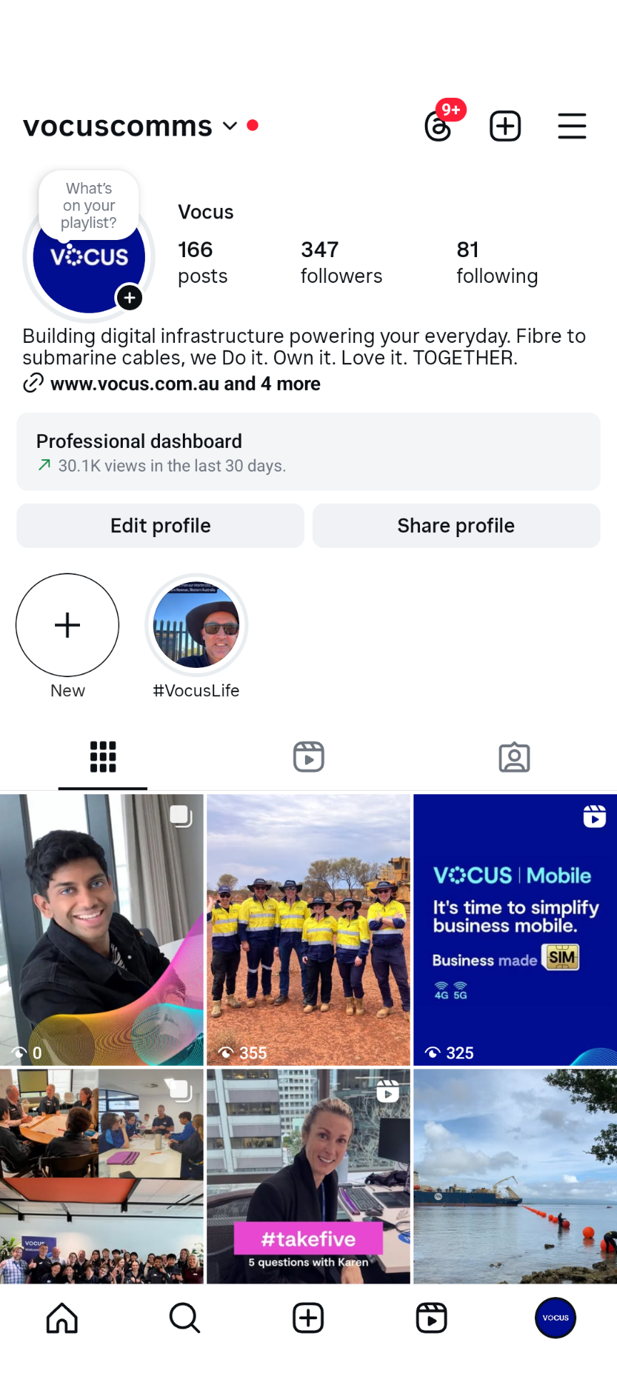 Vocus Instagram profile before the refresh — inconsistent grid and unfocused content.