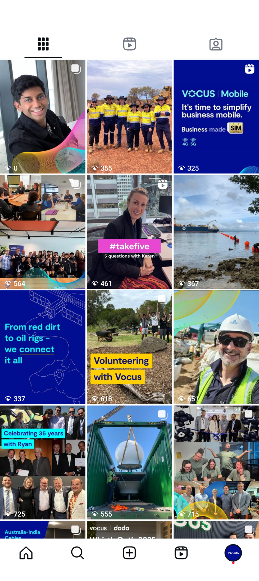 Vocus Instagram grid before the refresh — mixed visual styles and weak EVP storytelling.