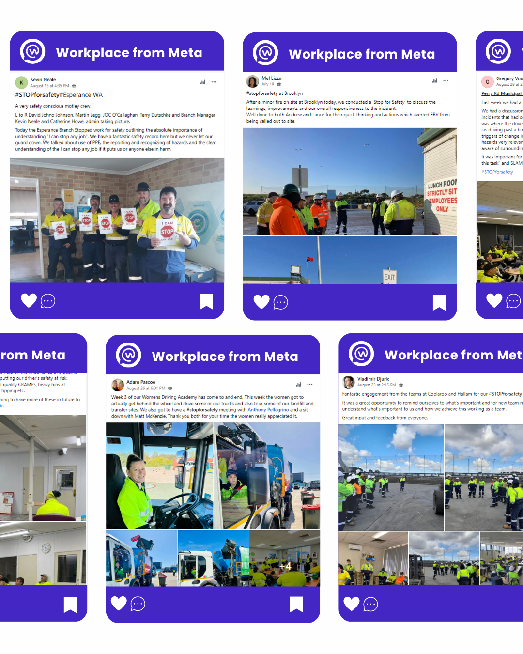 Workplace from Meta safety and engagement campaign creative across multiple channels.