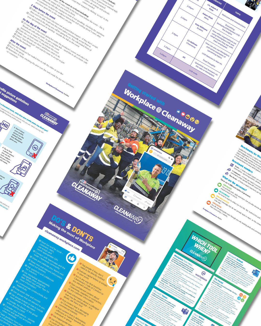 Workplace from Meta training materials — user guides and live virtual session screens.