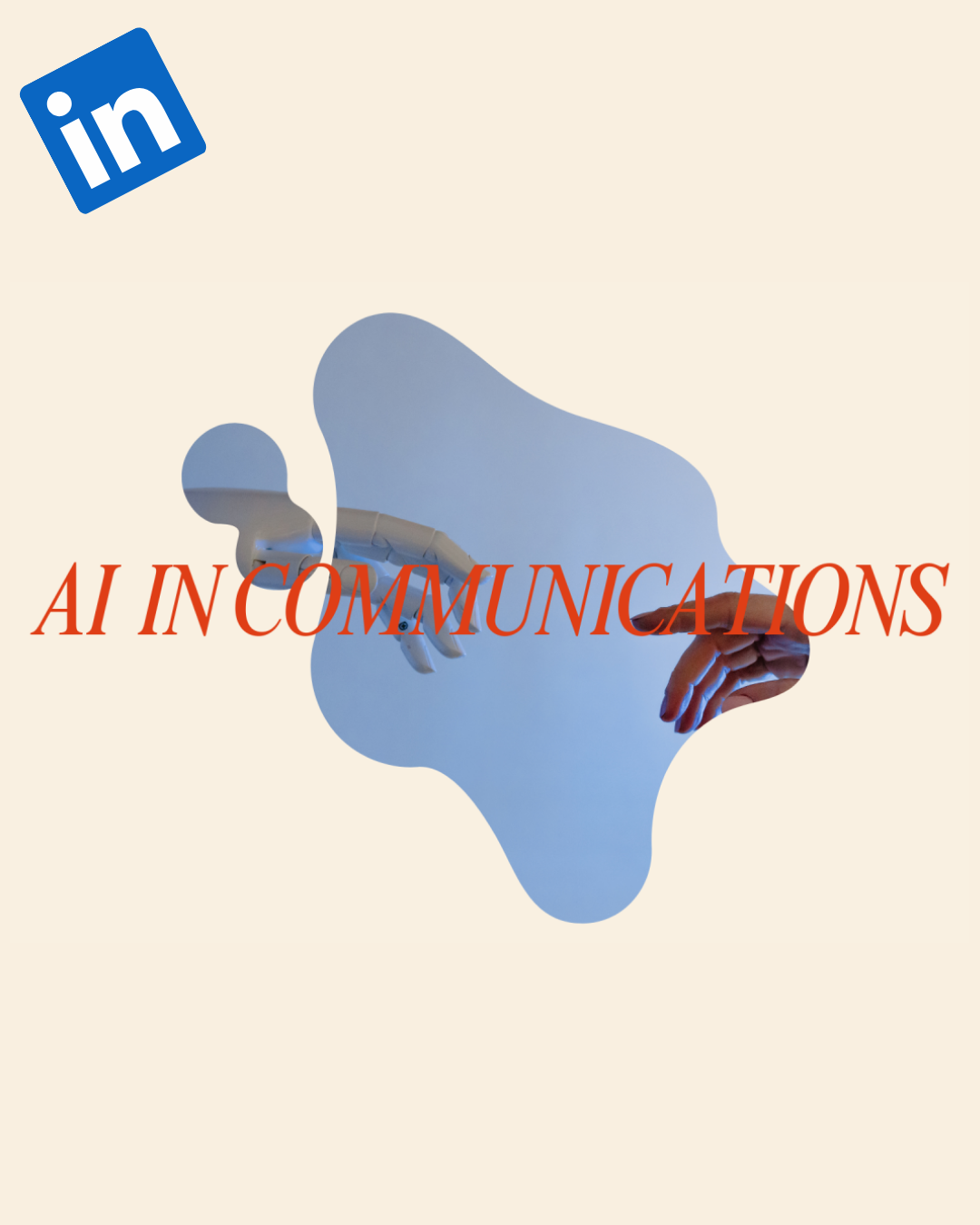 AI in Communications cover — handshake of robotic and human hands behind red type.