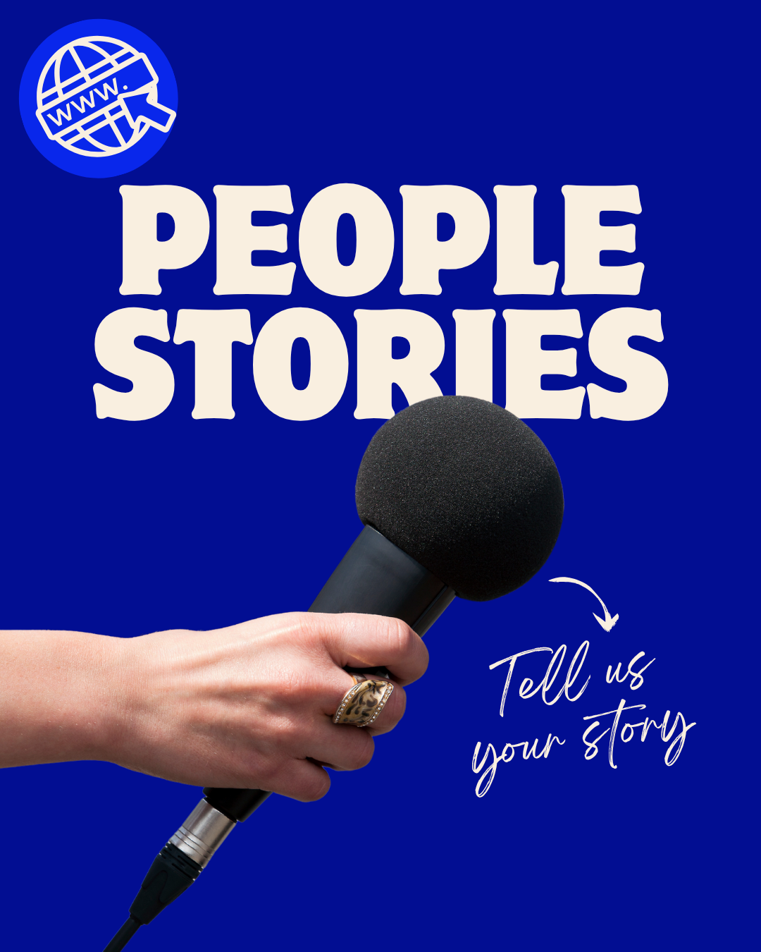 People Stories cover with a microphone and the words "tell us your story" in script.